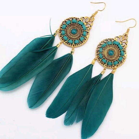 Jewelry - Dark jade green feather earrings